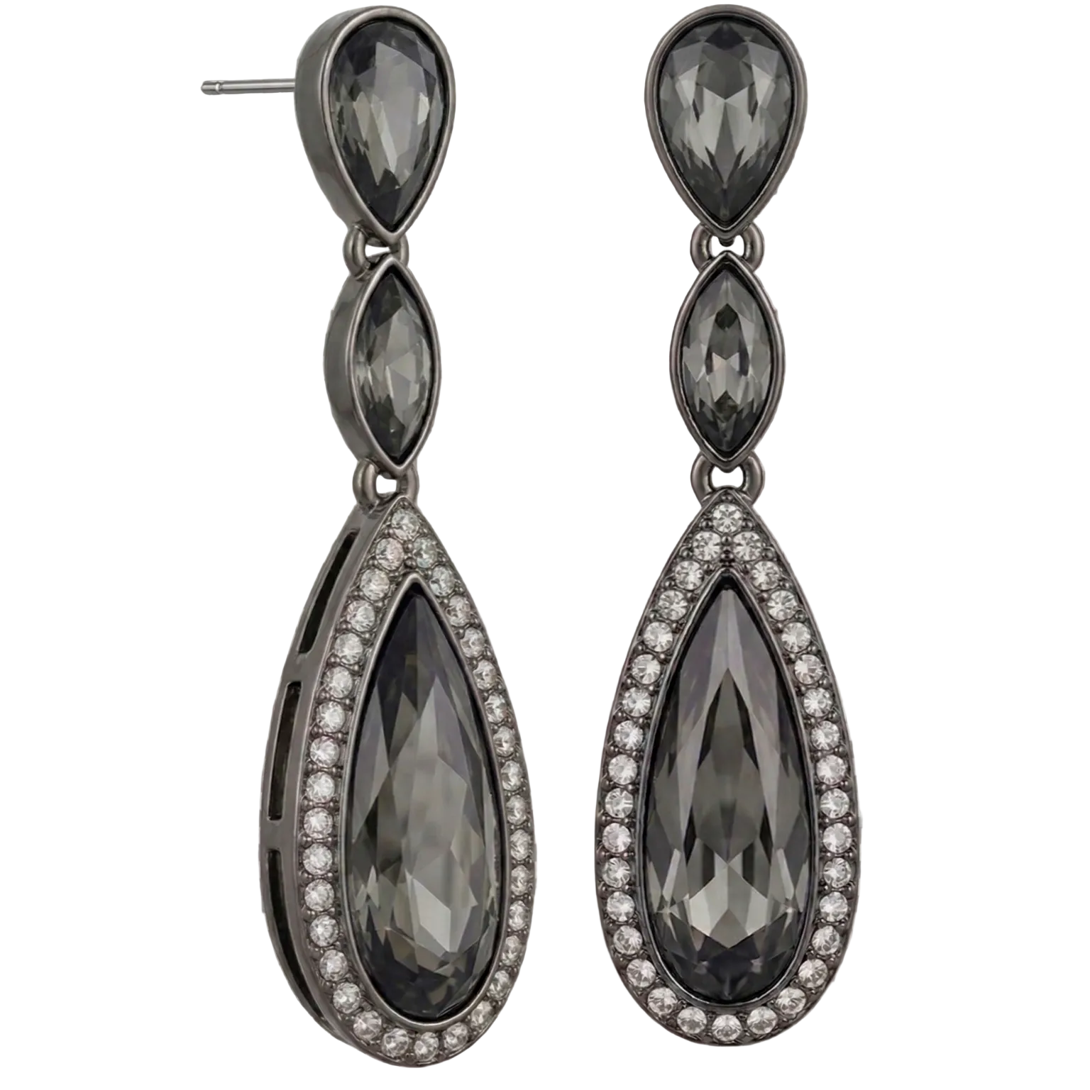 Pair of teardrop-shaped earrings with dark gemstones on a transparent background
