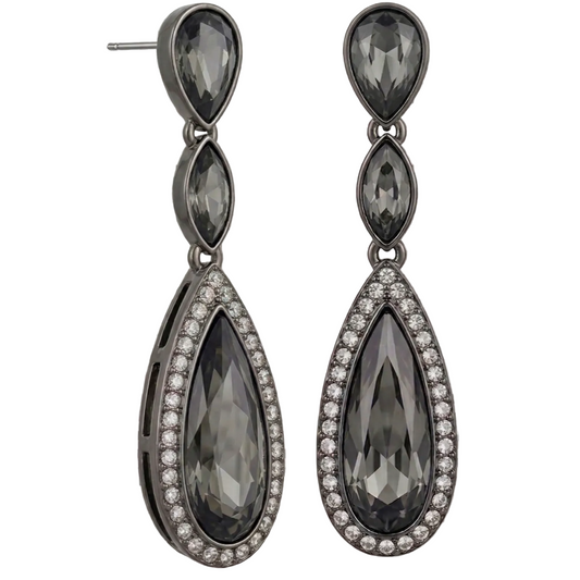 Pair of teardrop-shaped earrings with dark gemstones on a transparent background
