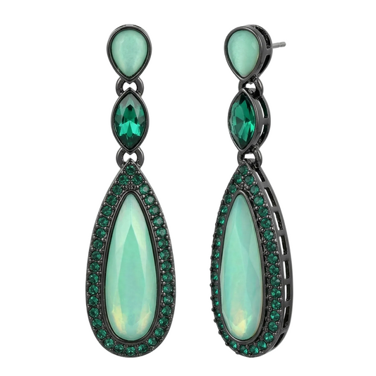 Pair of green teardrop earrings with gemstone accents on a white background