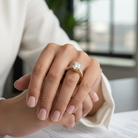Close-up of a hand wearing a gold ring with a diamond, holding another hand.