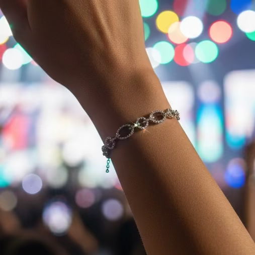 Silver bracelet on a wrist with a purple fabric background