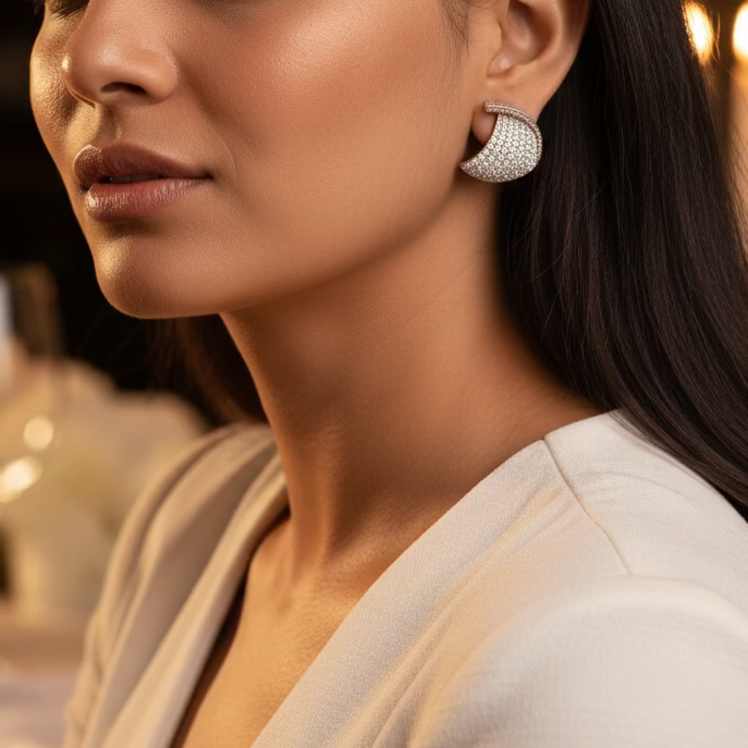 Close-up of a person wearing a diamond earring.