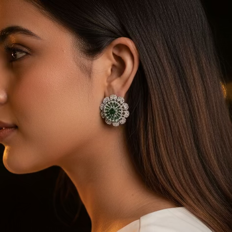 Close-up of a person wearing a decorative earring with green gemstone.