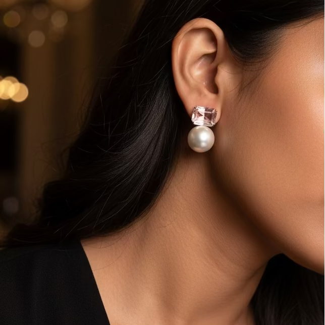 Close-up of a person wearing pearl earrings with a neutral background