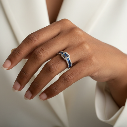Blue Emerald cut stones and Diamond Ring