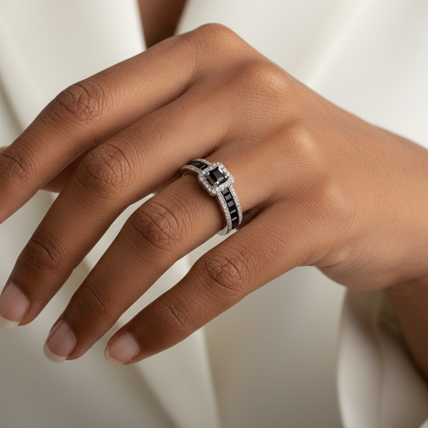 Black Emerald cut stones and Diamond Ring