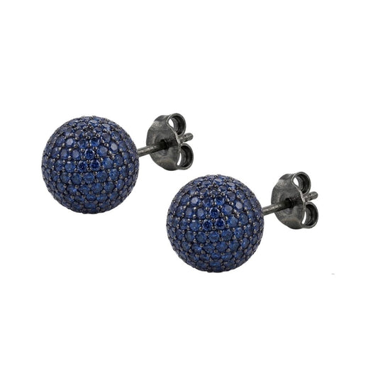 Pair of blue spherical earrings on a white background