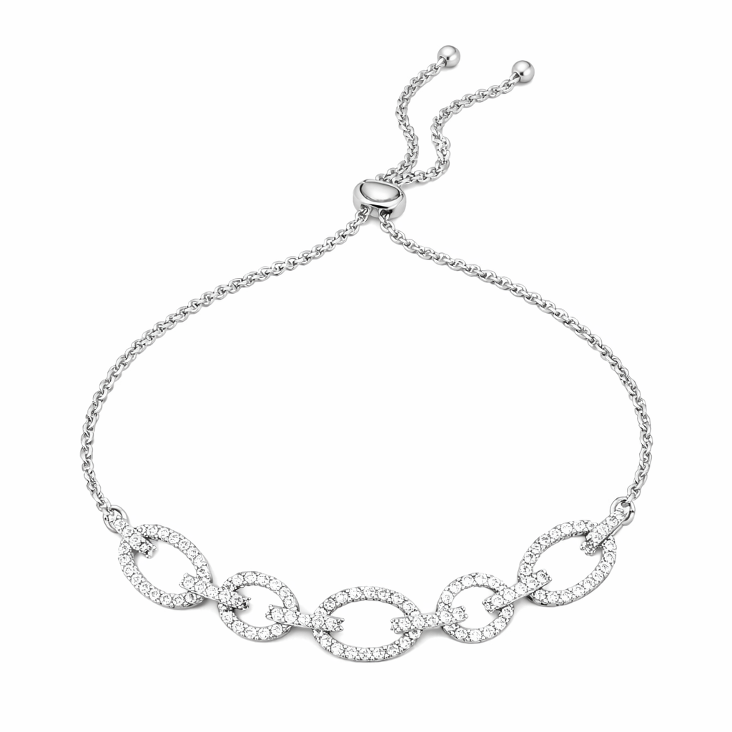 Silver bracelet with interlocking rings on a white background