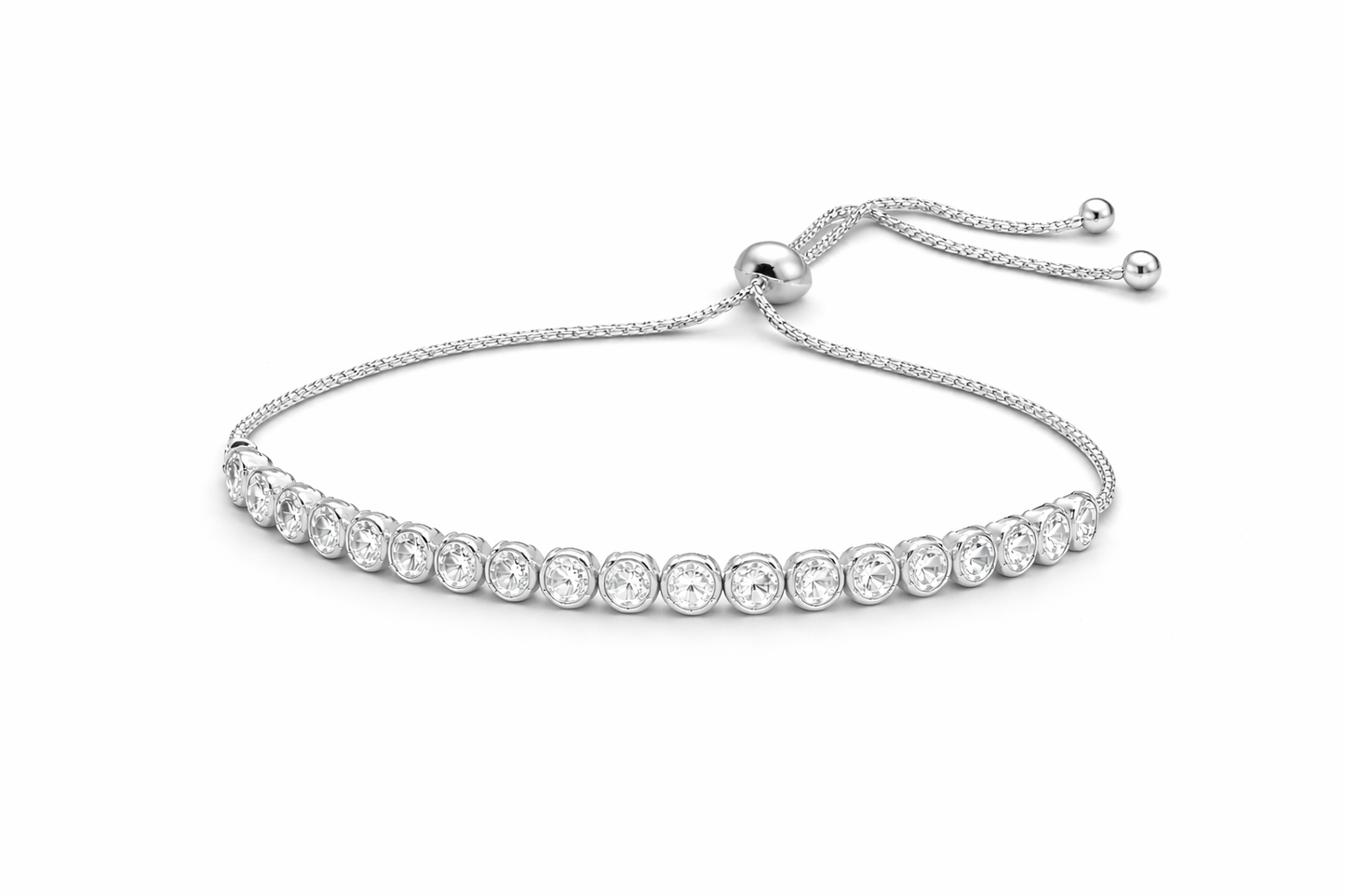 Silver bracelet with clear stones on a white background