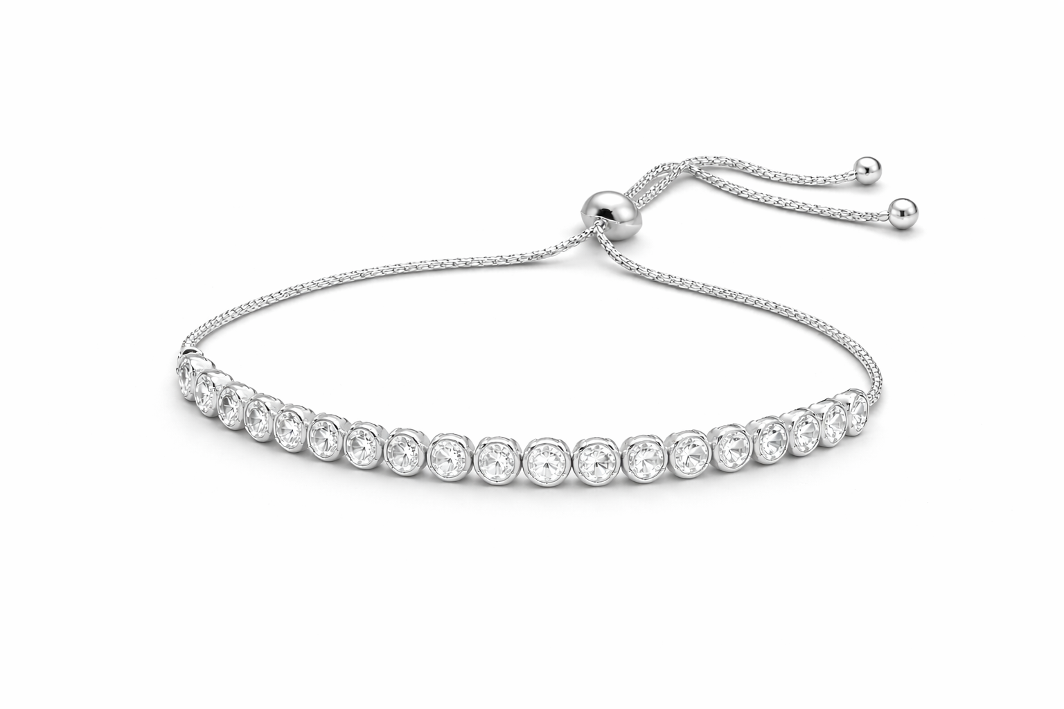 Silver bracelet with clear stones on a white background
