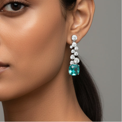 Close-up of a woman wearing a green gemstone earring against a neutral background