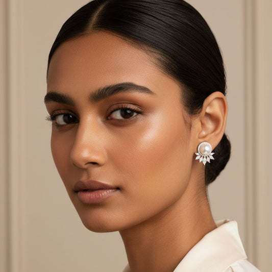 Safa Stud Earrings - Silver & Pearl